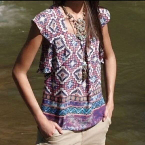 Anthropologie Meadow Rue‎ Flutter Sleeve Blouse Geometric Colorful Boho Print 6 - Picture 2 of 14